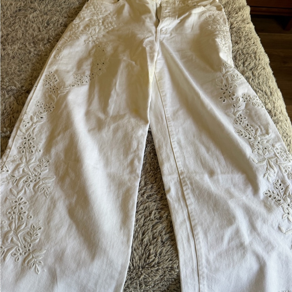 Ralph Lauren White Embroidered Wide Leg Pants